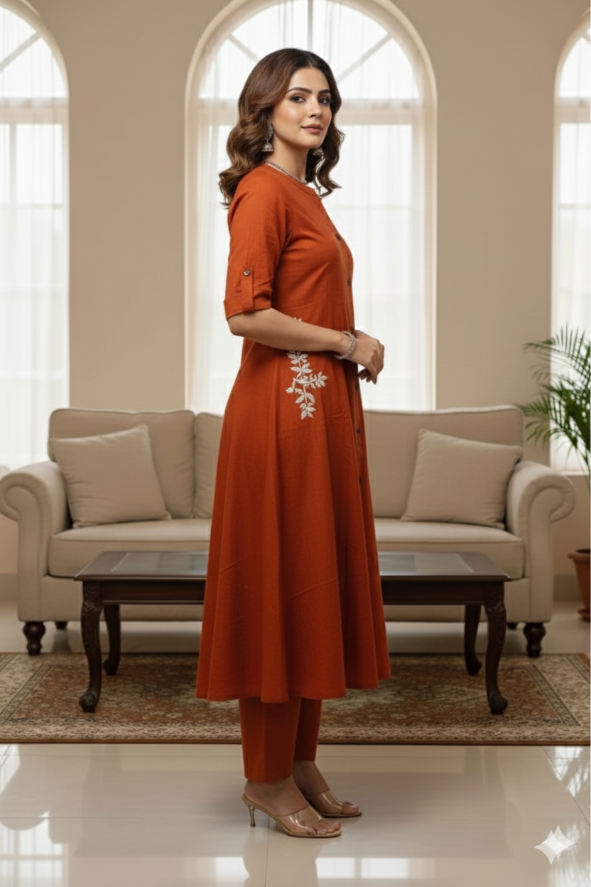 Elegant Orange Cotton A-Line Kurta Set with Mandarin Collar