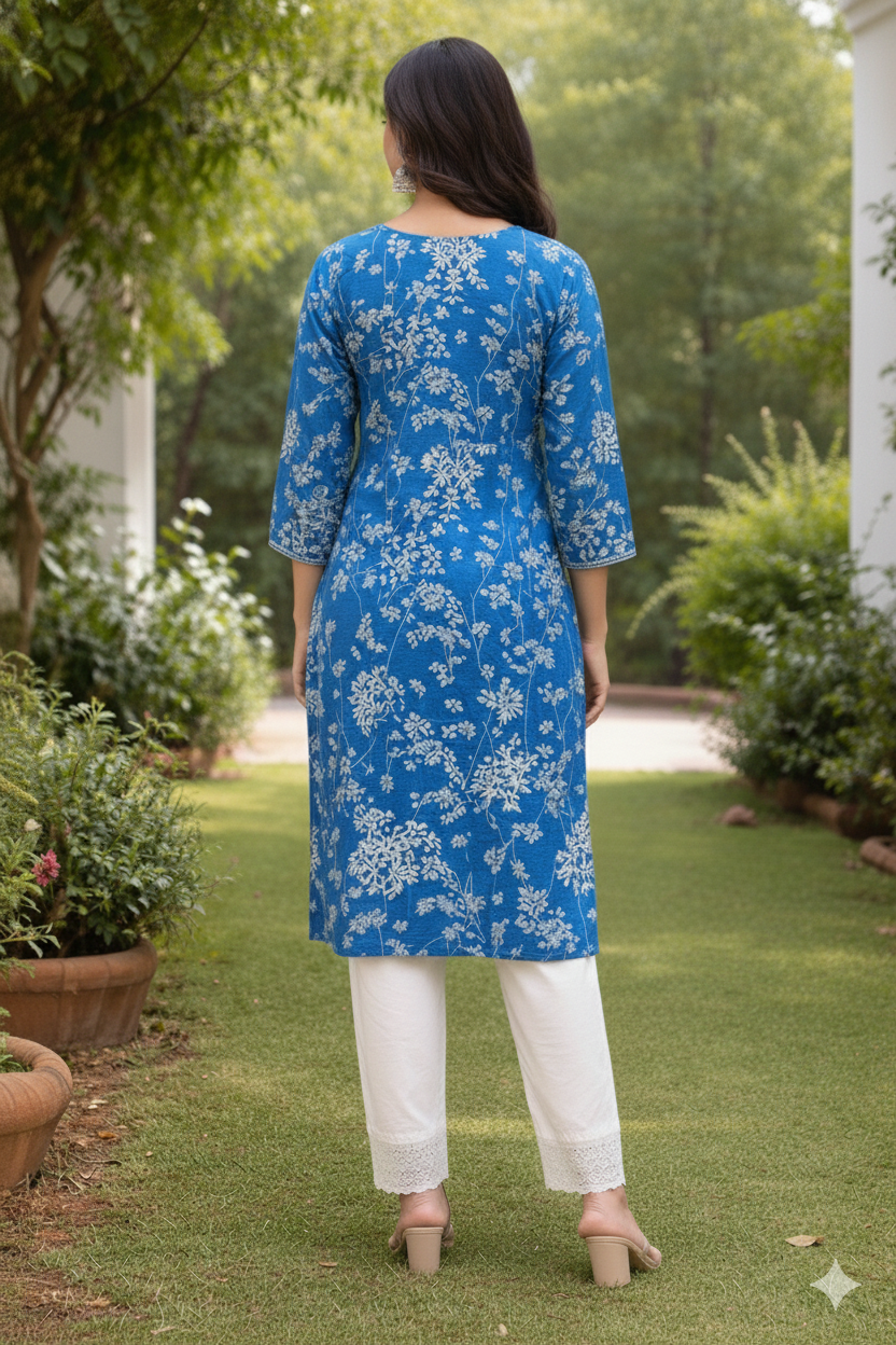 Azure Blue Floral Embroidered Kurta Set