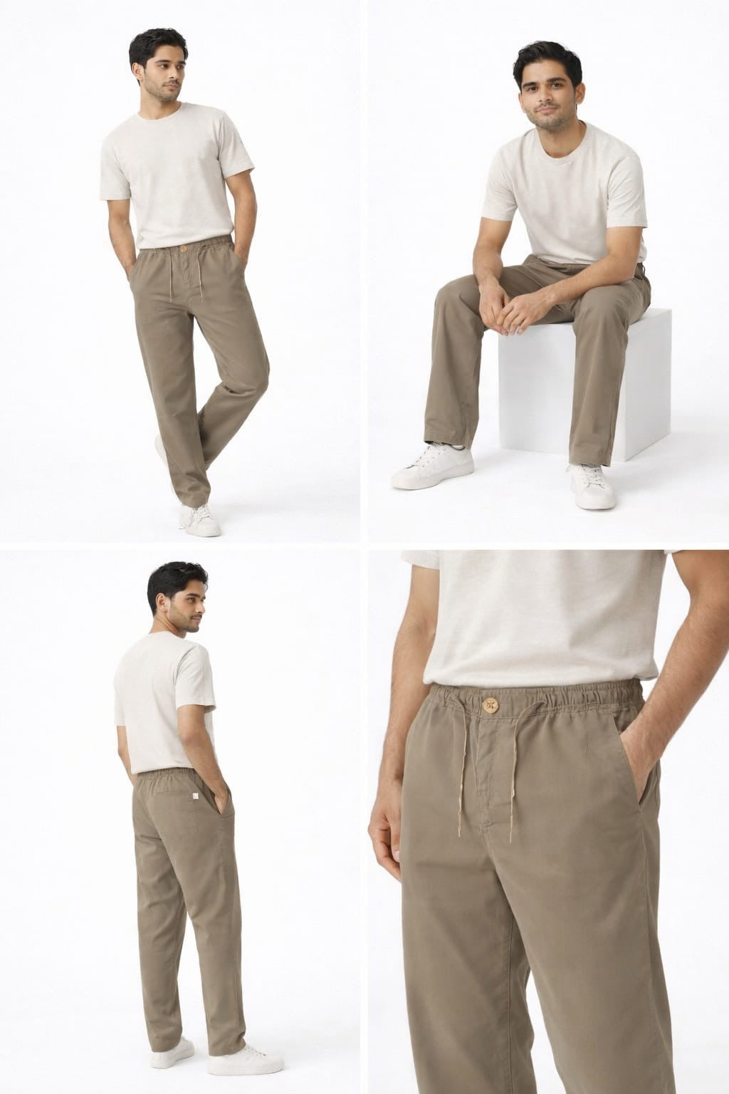 Men’s Linen Cotton Relaxed Fit Pants with Elastic Waist & Drawstring