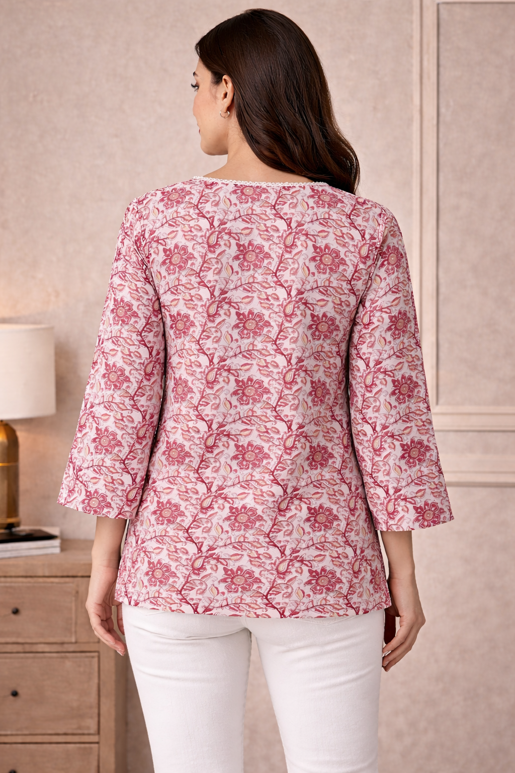 Blush Pink Floral Printed V-Neck Tunic Cotton Top