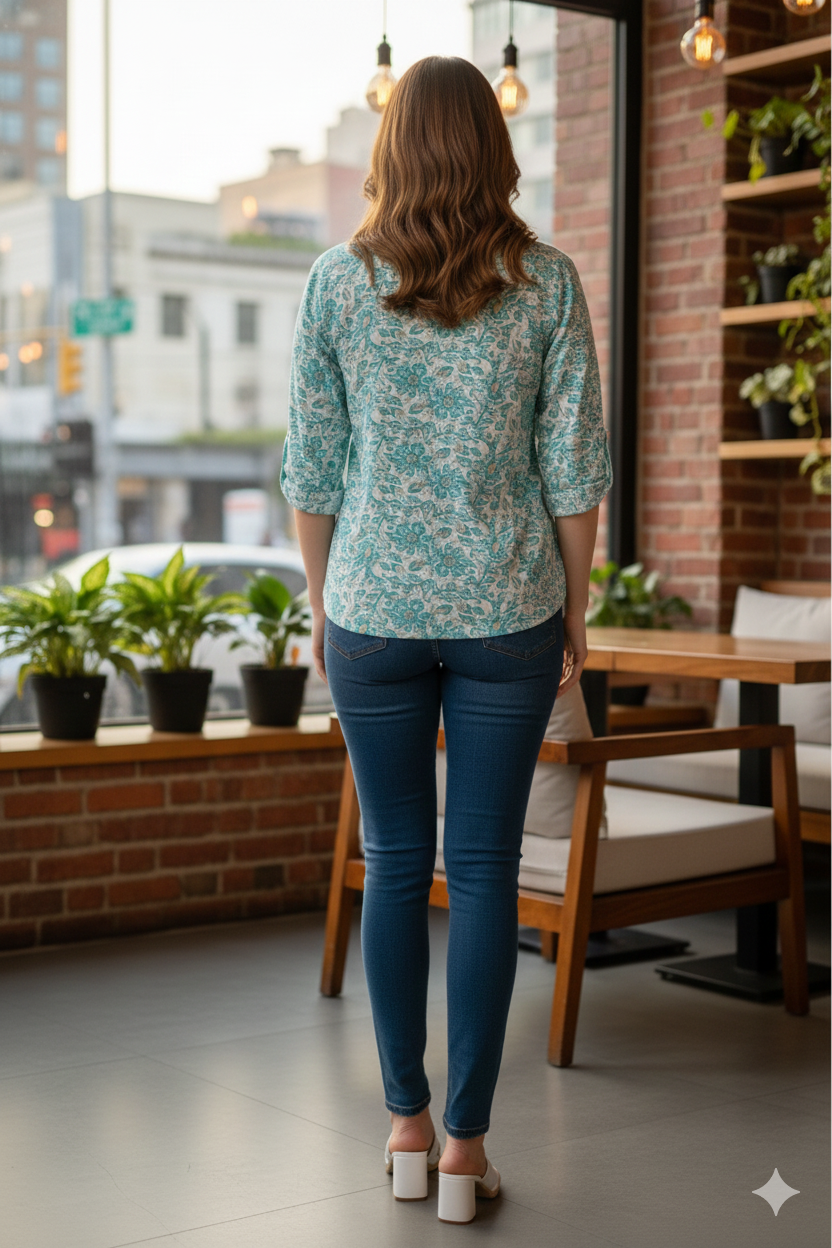 Teal Floral Printed V-Neck Lace Detail Cotton Kurti Top