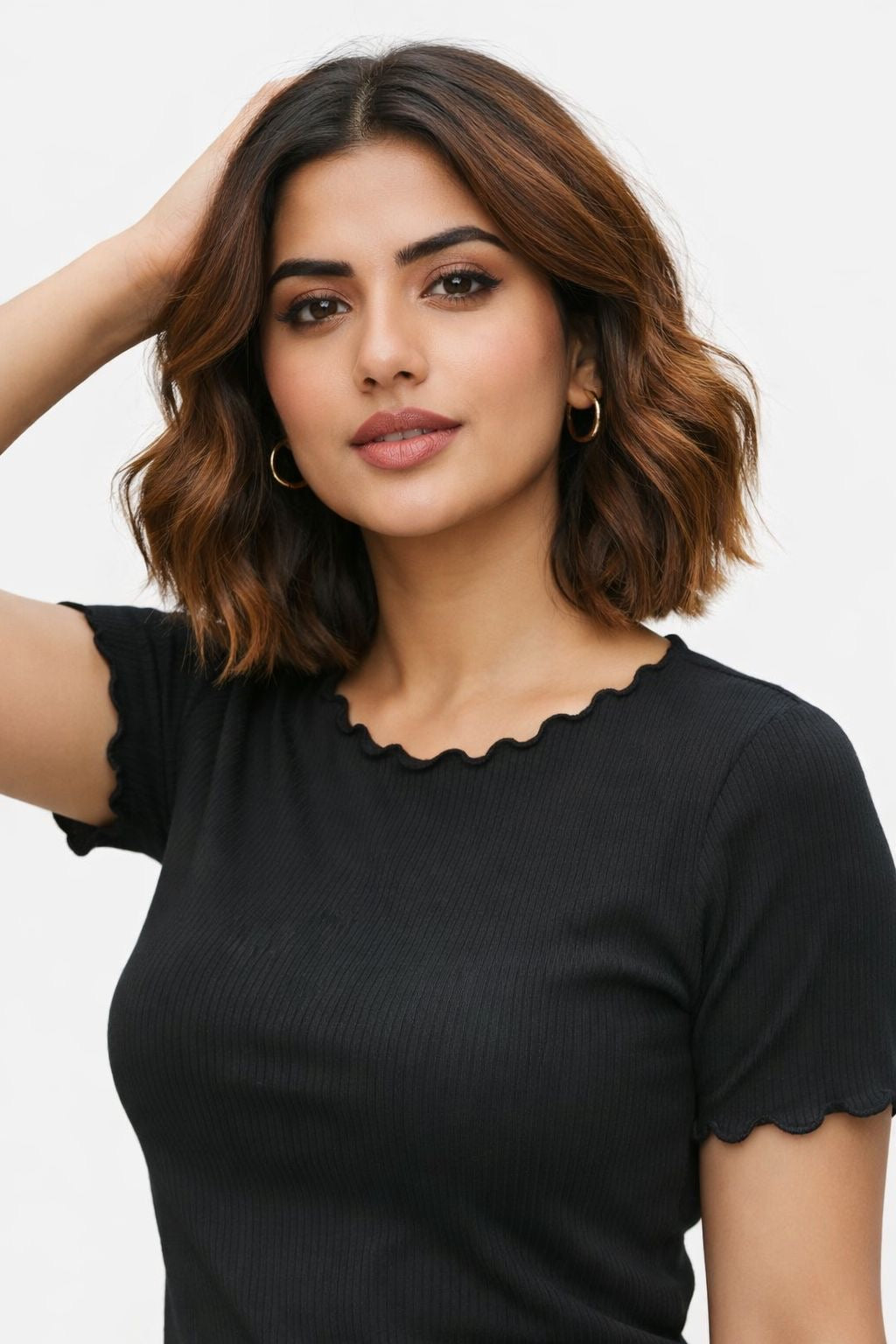 Black Ribbed Fitted Top with Lettuce Edge