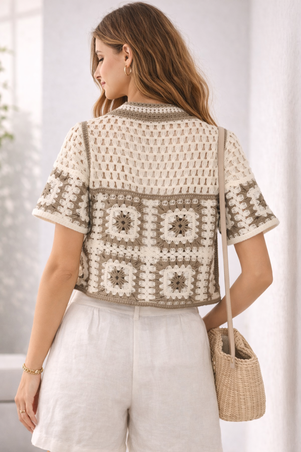 Vintage Crochet Button-Down Crop Top – Mocha Brown & Ivory