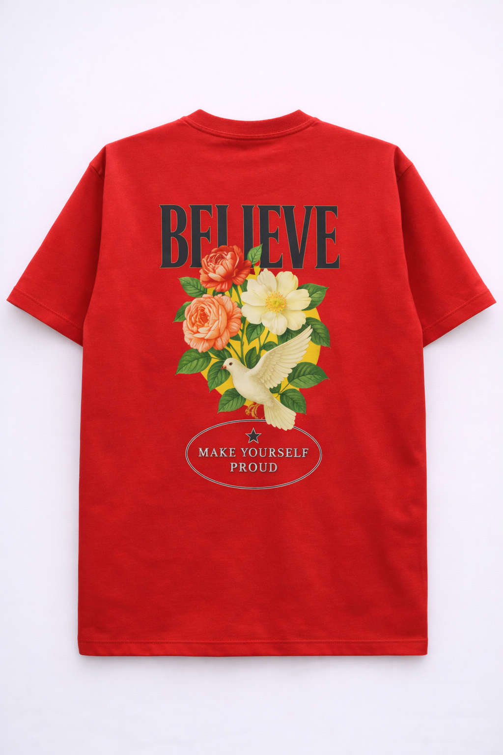 Believe Floral Graphic T-Shirt – Motivational Back Print (Red)