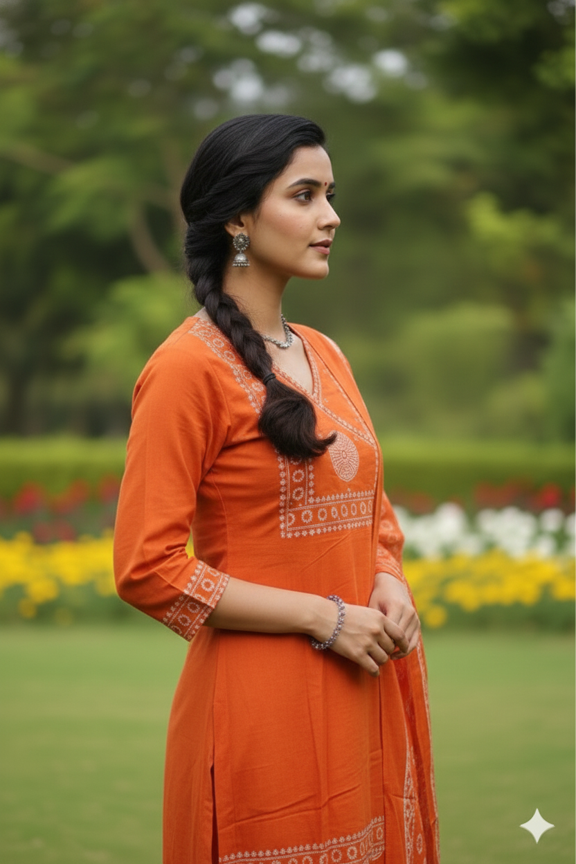 Bright Tangerine Embroidered Kurta Set with Sheer Dupatta