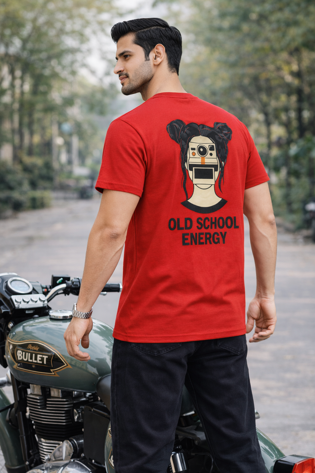 Old School Energy Graphic Printed Oversize T-Shirt – Retro Aesthetic (Red)