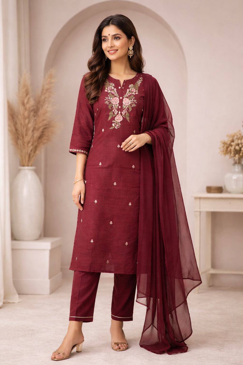 Maroon Floral Embroidered Kurta Pant Set with Dupatta
