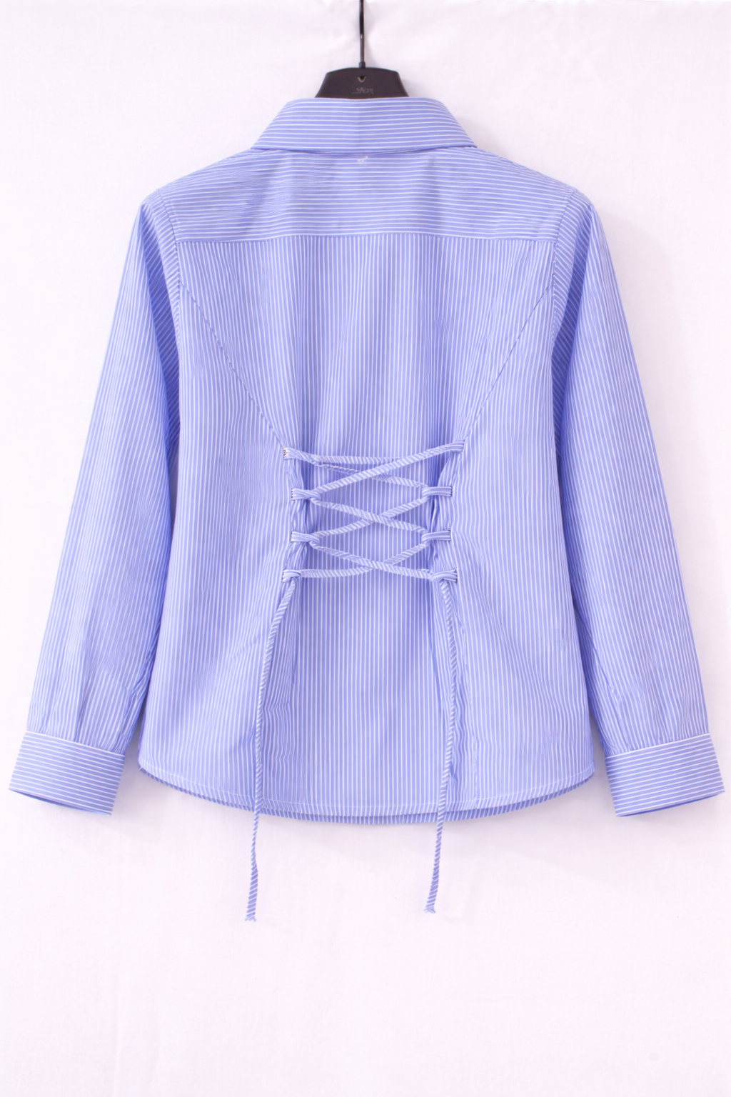 Women Blue Striped Cotton Shirt with Back Lace Detail