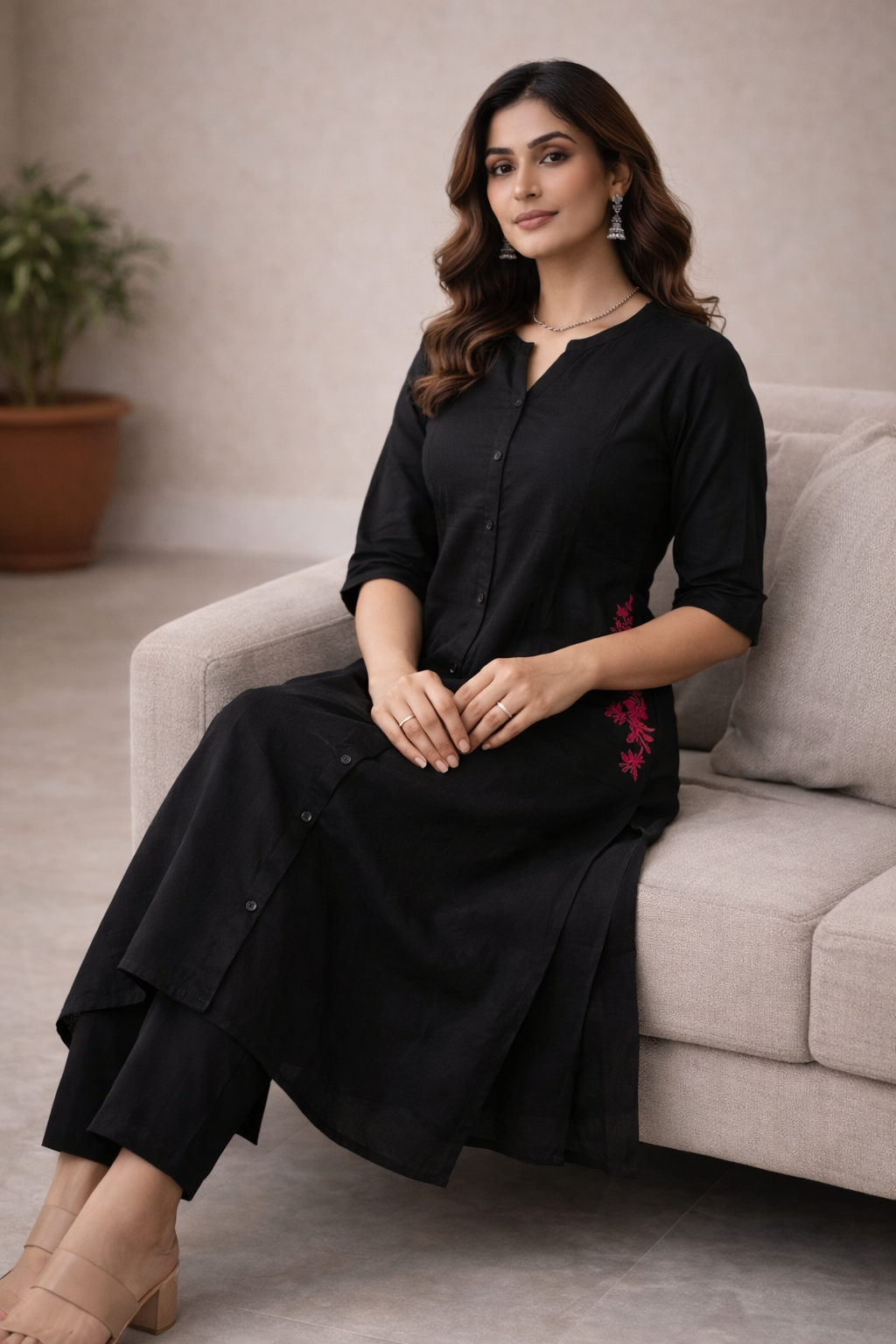 Classic Black Cotton Kurta Pant Set for Women