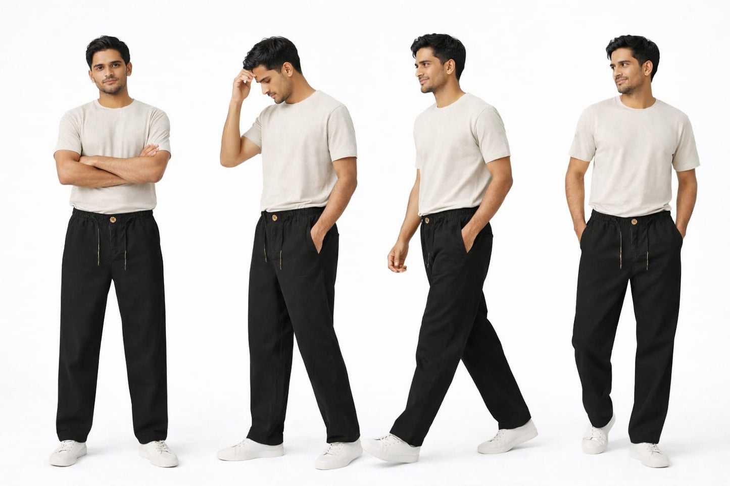 Men’s Linen Cotton Relaxed Fit Pants with Elastic Waist & Drawstring – Black
