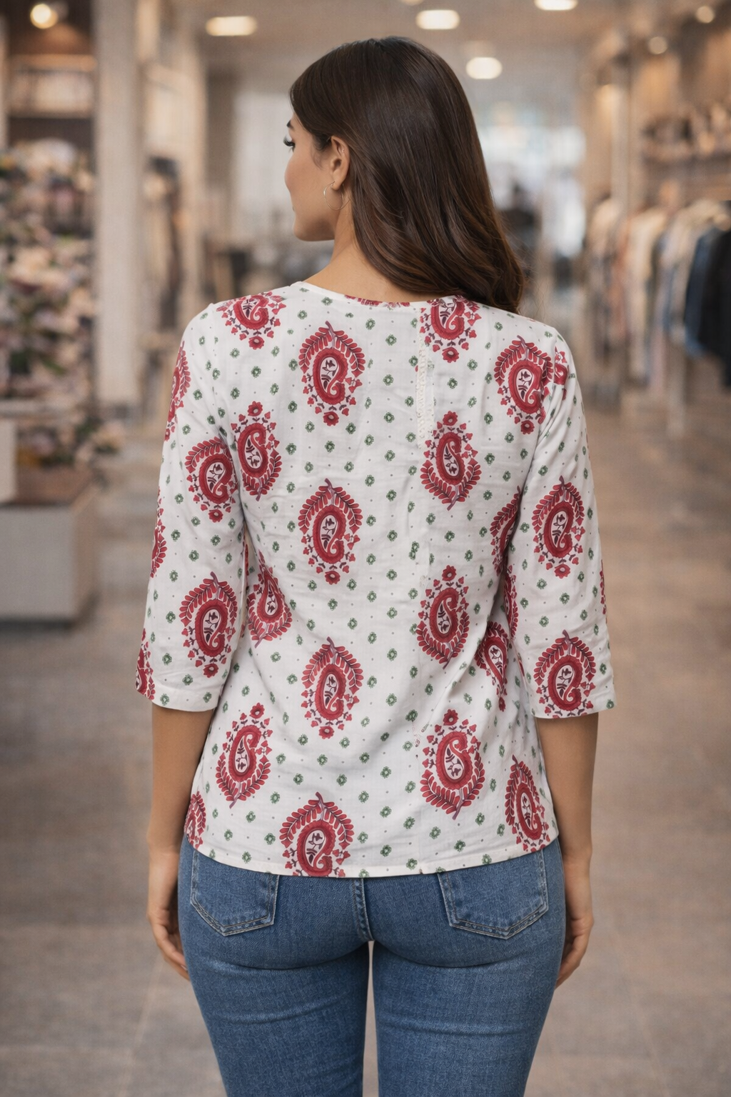 Women’s Printed Cotton Tunic Top – V-Neck, 3/4 Sleeve (White, Red & Green)