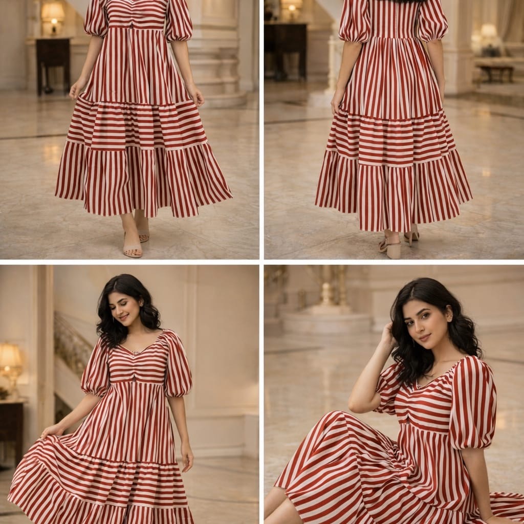 Red & White Stripe Sweetheart Neck Maxi Dress with Puff Sleeves