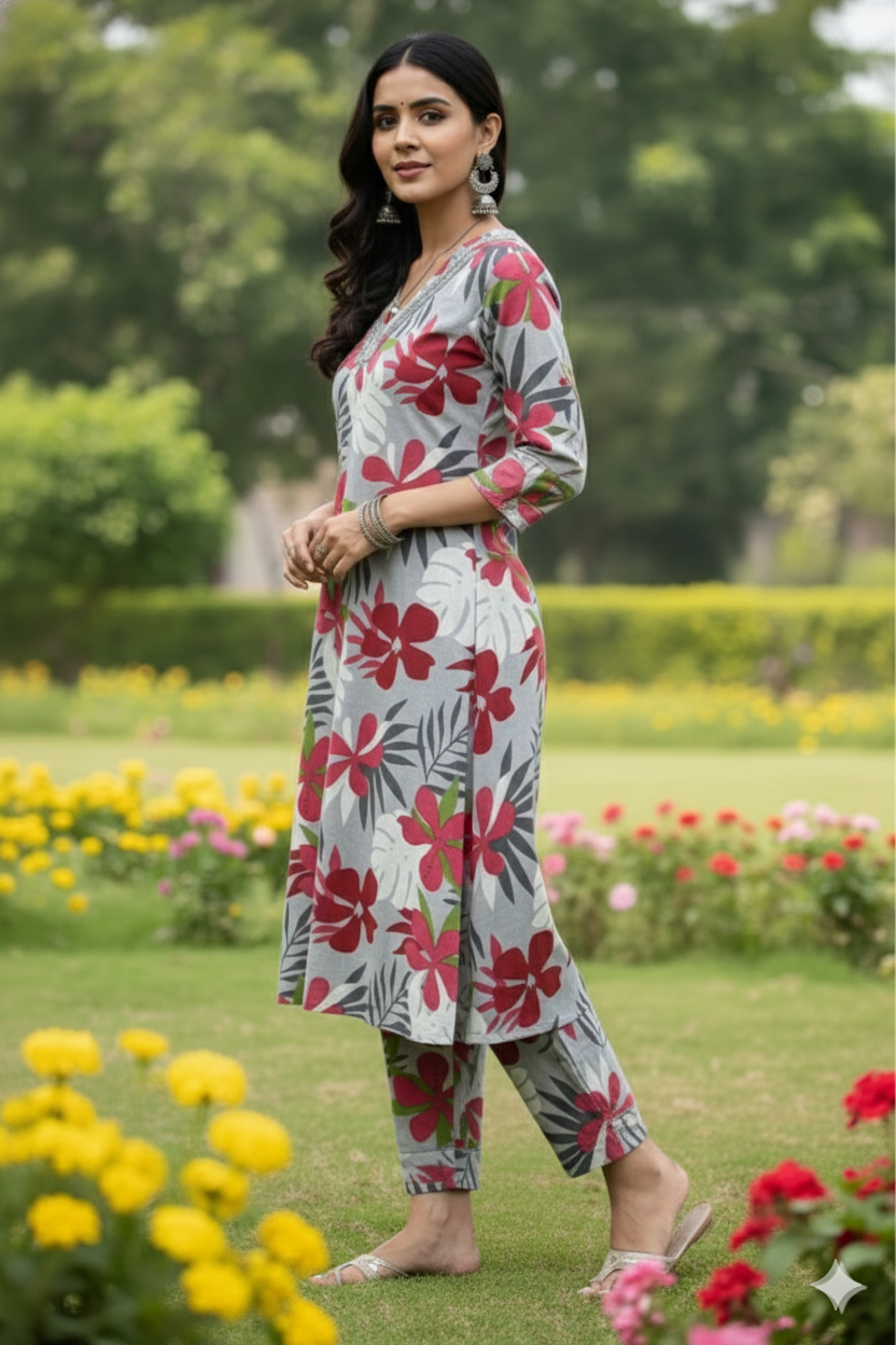 Grey Floral Printed Kurta Co-Ord Set