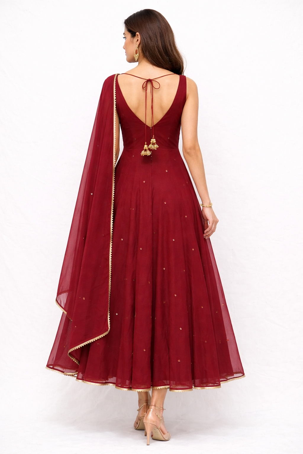 Sleeveless Maroon Anarkali Dress with Dupatta