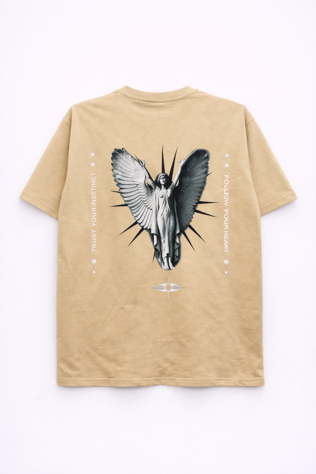 Angel Statue Graphic T-Shirt – Inspirational Back Print (Beige/Tan)