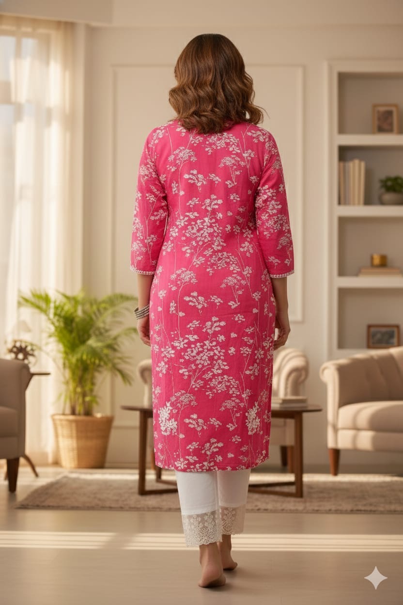 Pink Floral Chikankari Cotton Kurta Set