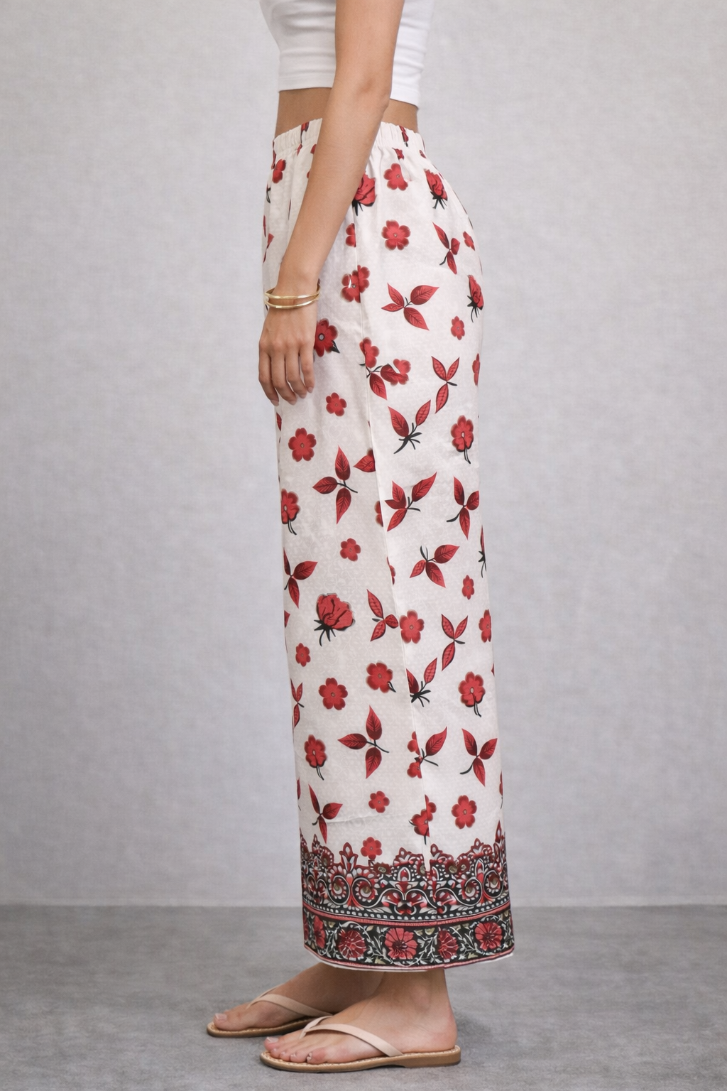 Women’s Red Floral Printed Straight-Fit Casual Trousers