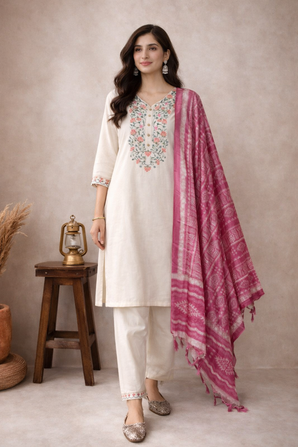 Ivory Bloom Embroidered Kurta Set with Pink Dupatta