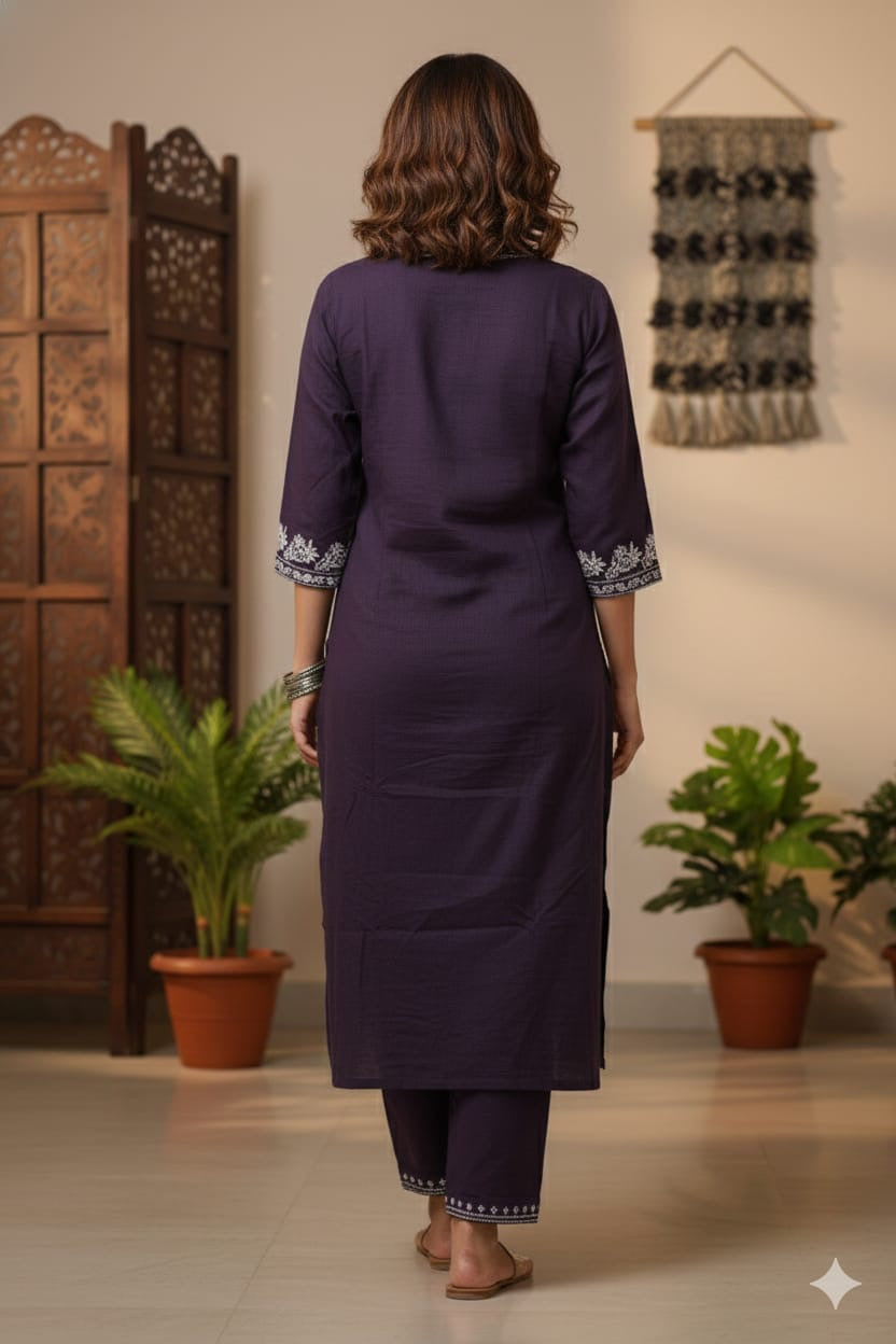 Dark Grape Purple Cotton Kurta Pant Set for Women