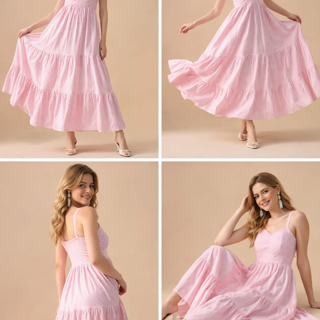 Blush Pink Striped Tiered Maxi Dress with Spaghetti Straps