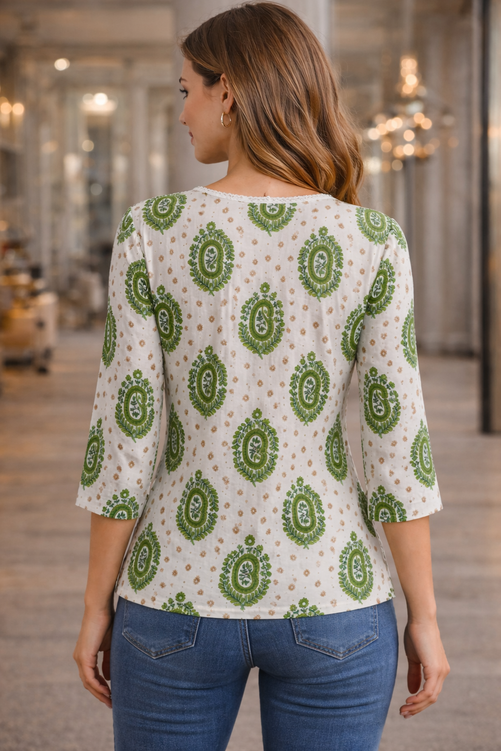 Women’s Printed Cotton Tunic Top – V-Neck, 3/4 Sleeve (White & Olive Green)
