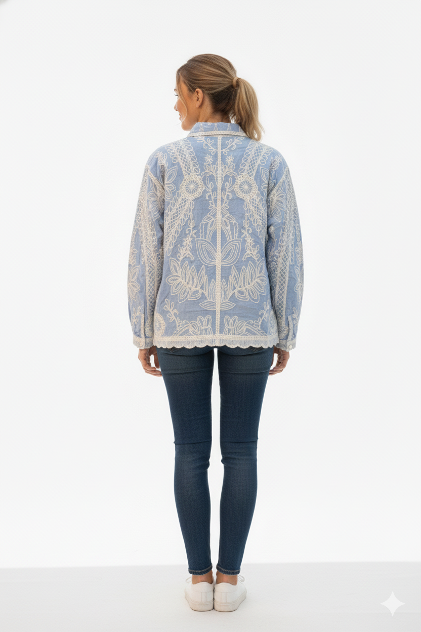 Sky Blue Floral Embroidered Cotton Jacket Top