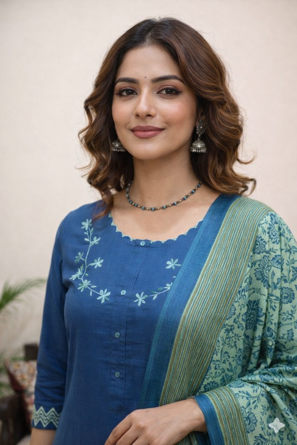 Teal Bloom Embroidered Kurta Set with Printed Dupatta