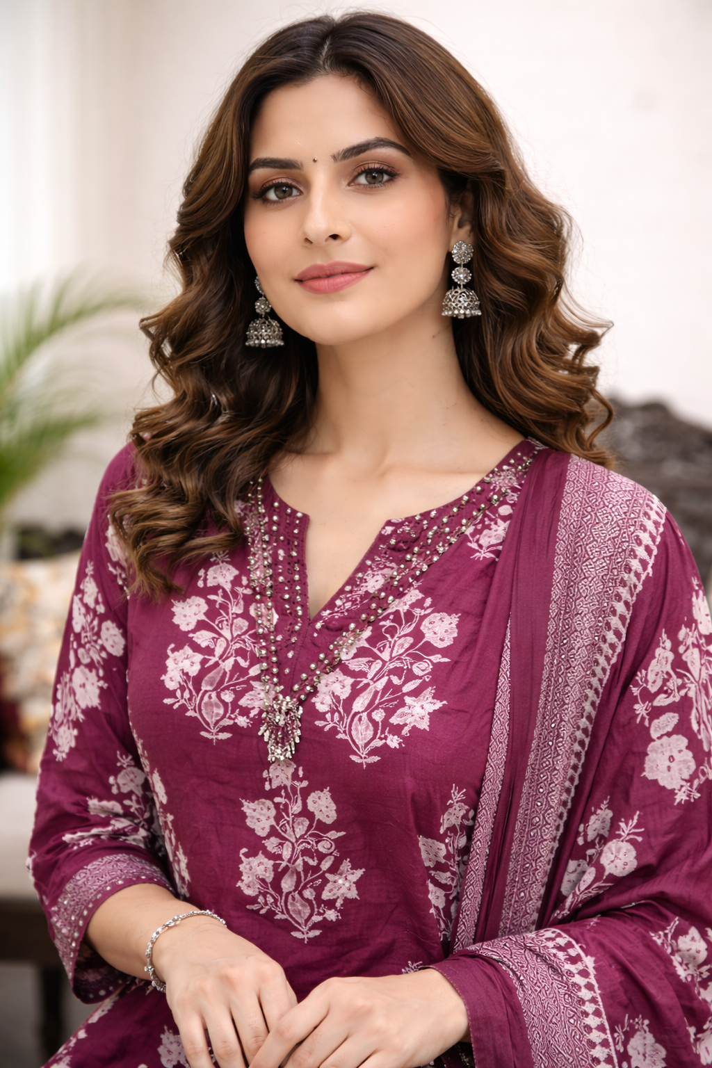 Dark Pink Wine Floral Printed Kurta Set with Dupatta