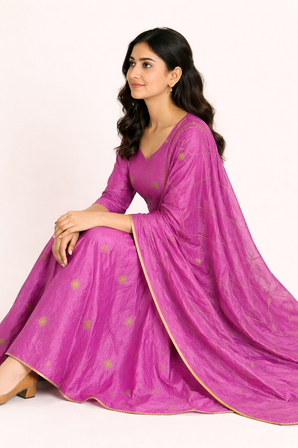 Magenta Chanderi Silk Anarkali Suit Set with Zari Motifs & Dupatta
