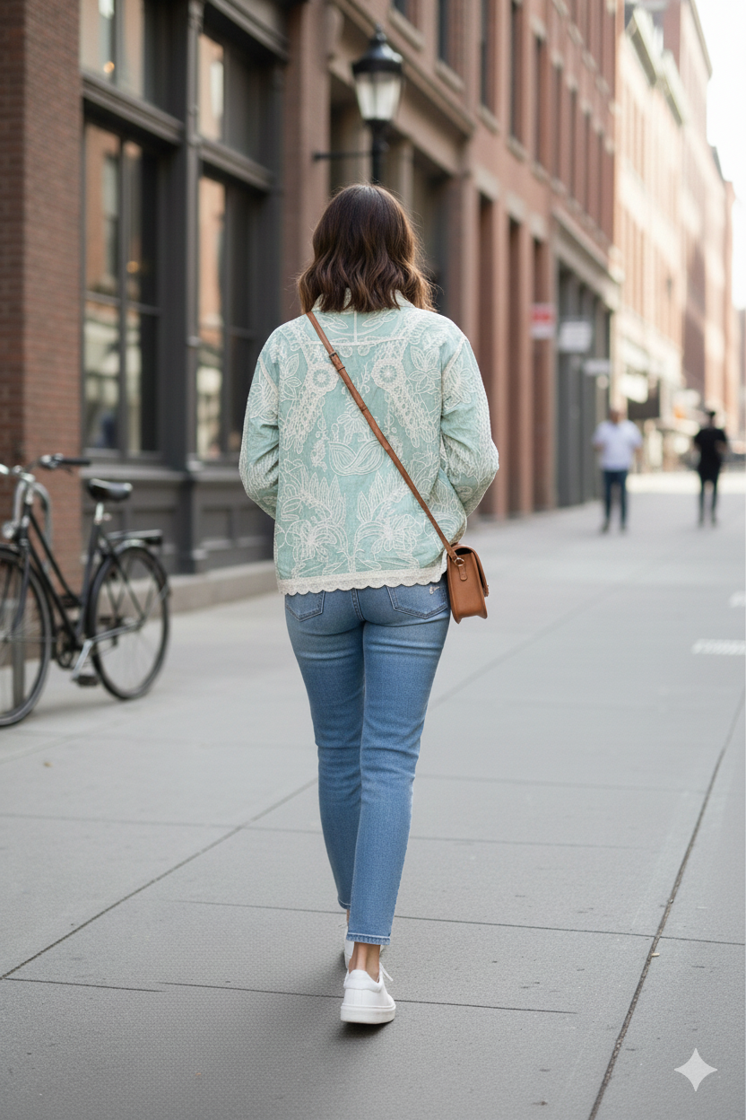 Mint Green Floral Embroidered Cotton Jacket Top