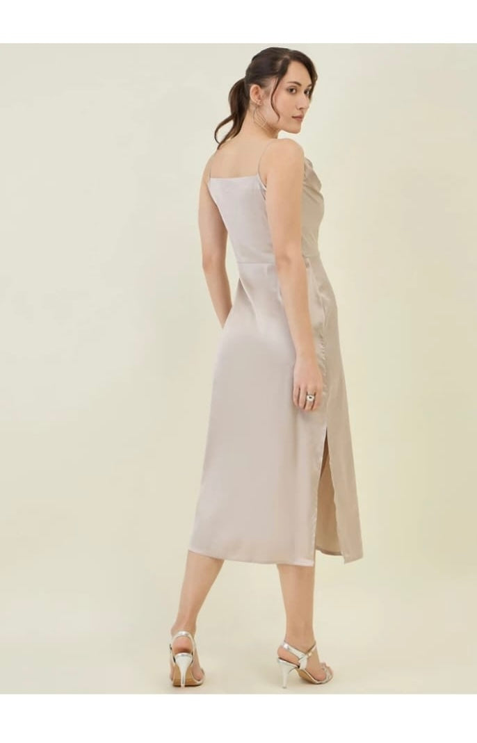 Elegant Beige Satin Slip Midi Dress with Side Slit