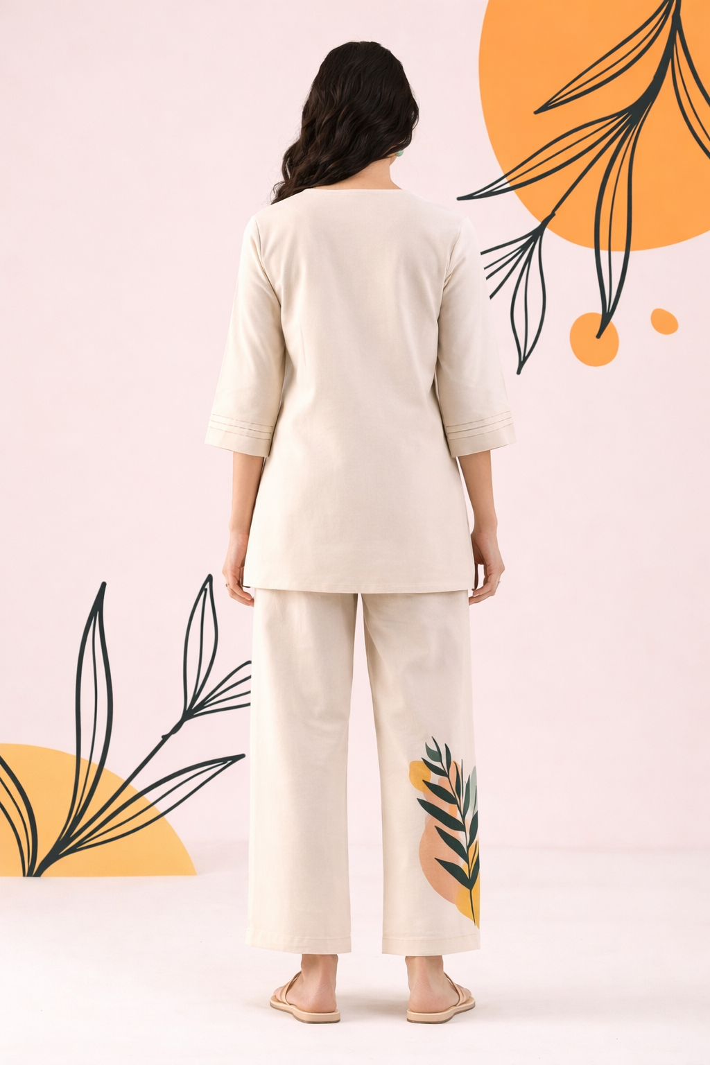 Ivory Botanical Print Co-Ord Set with V-Neck Top & Straight Pants