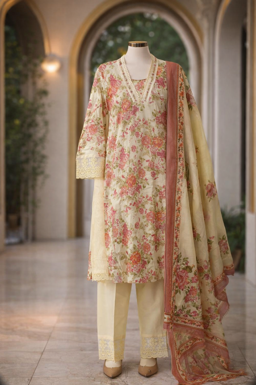 Ivory Bloom Floral Kurta Set with Lace Detail