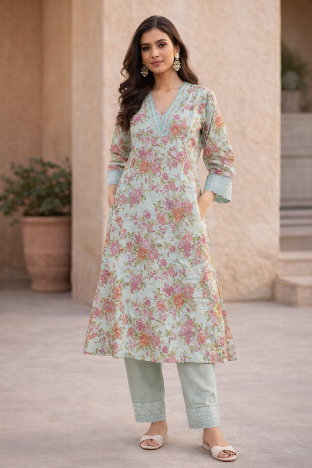Mint Bloom Floral Kurta Set with Dupatta