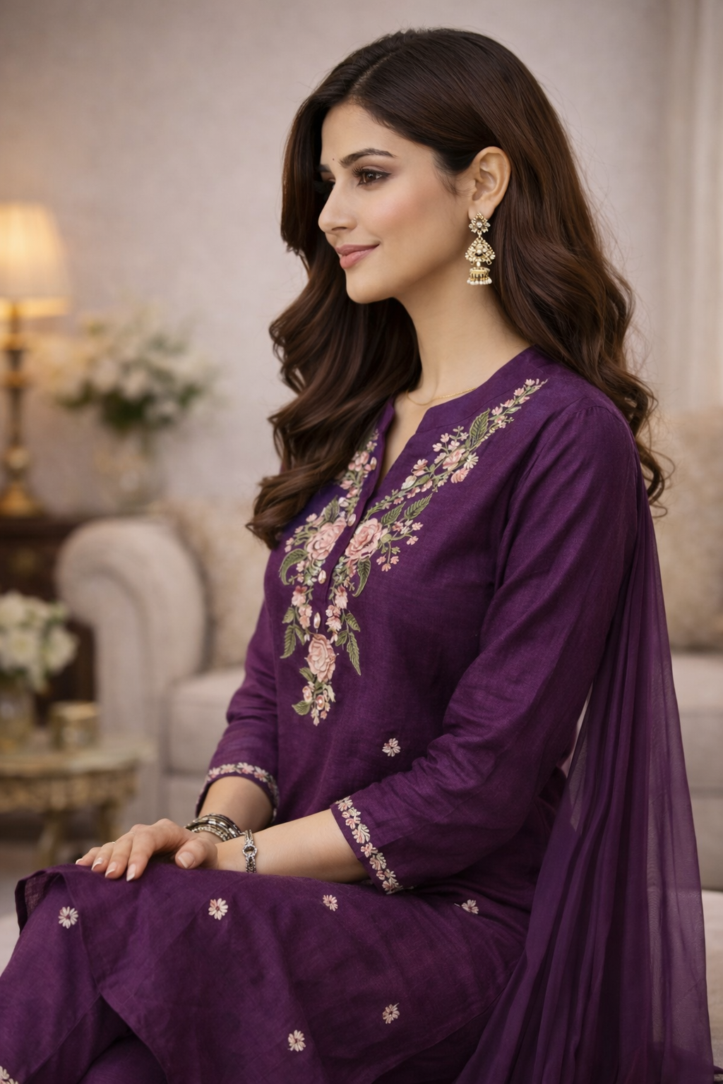 Royal Purple Floral Embroidered Kurta Pant Set with Dupatta