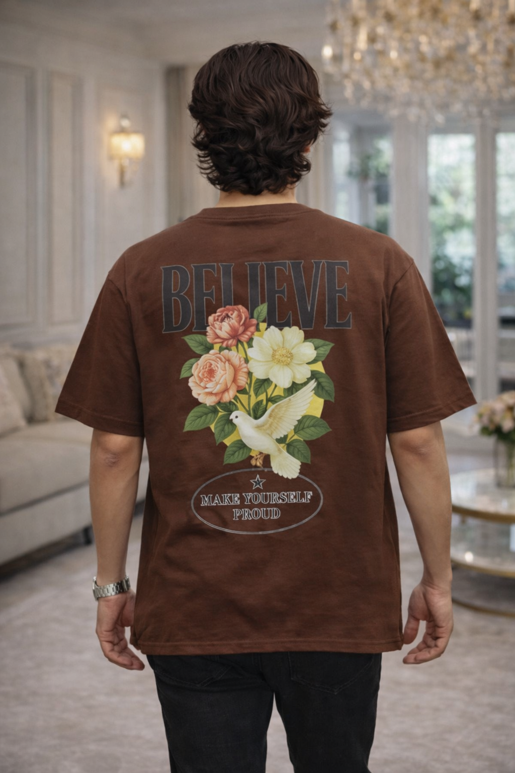 Men’s Brown “BELIEVE” Back Graphic Oversized Cotton T-Shirt
