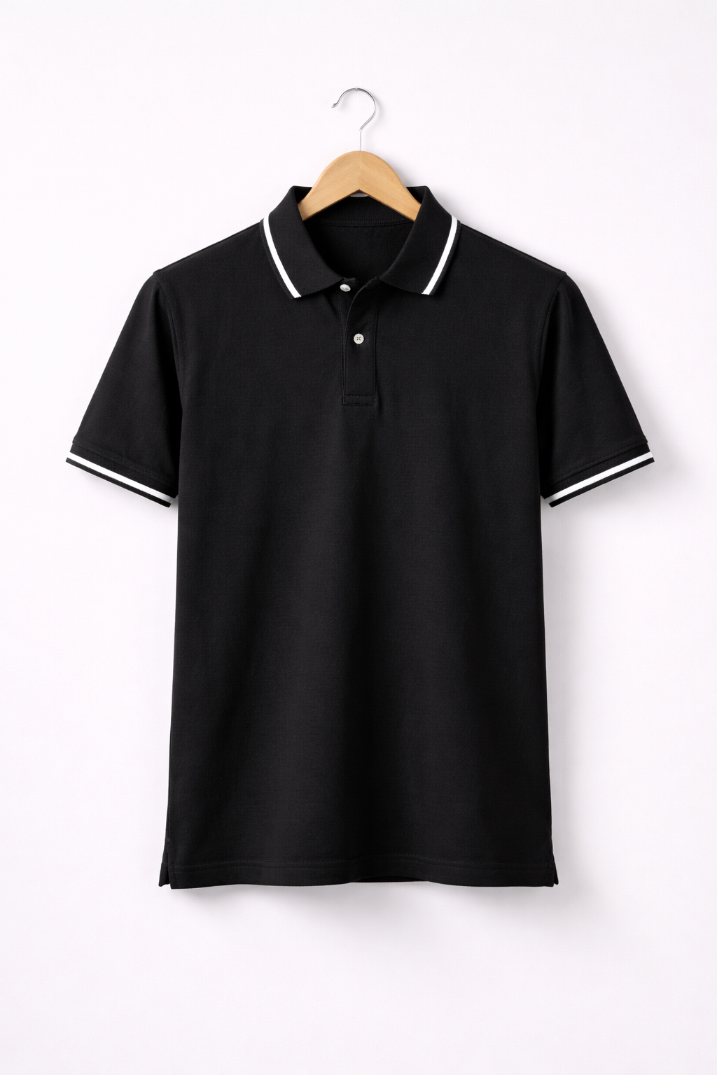 Men’s Black Polo T-Shirt with White Tipped Collar & Sleeves