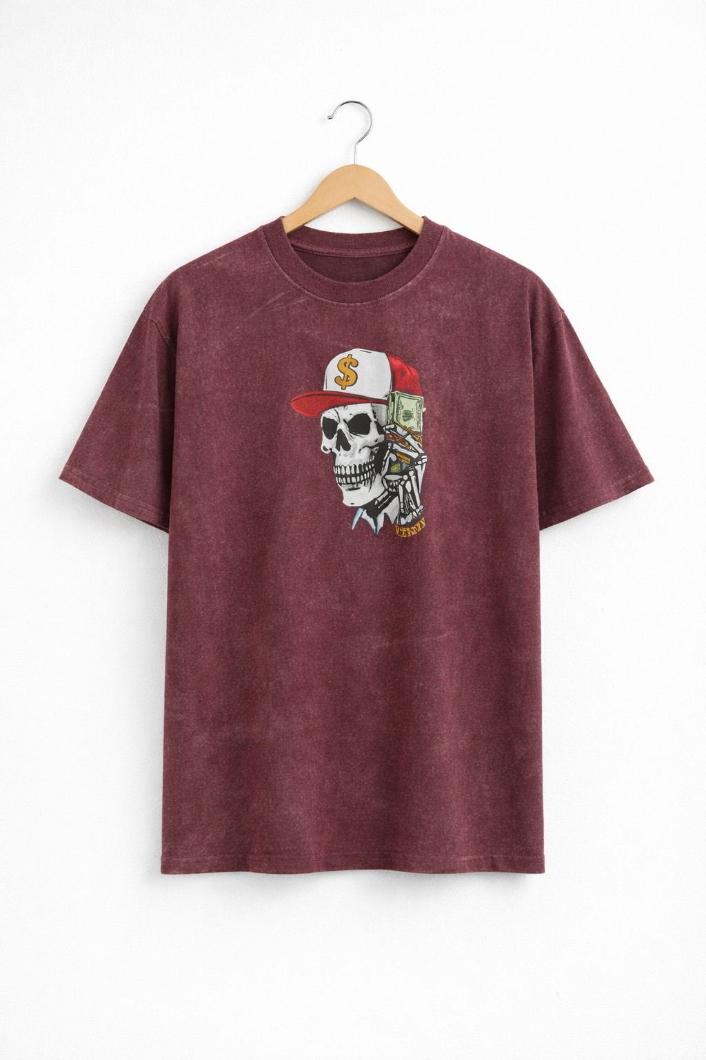 Men’s Burgundy Acid Wash Oversized Graphic T-Shirt – Skull Print