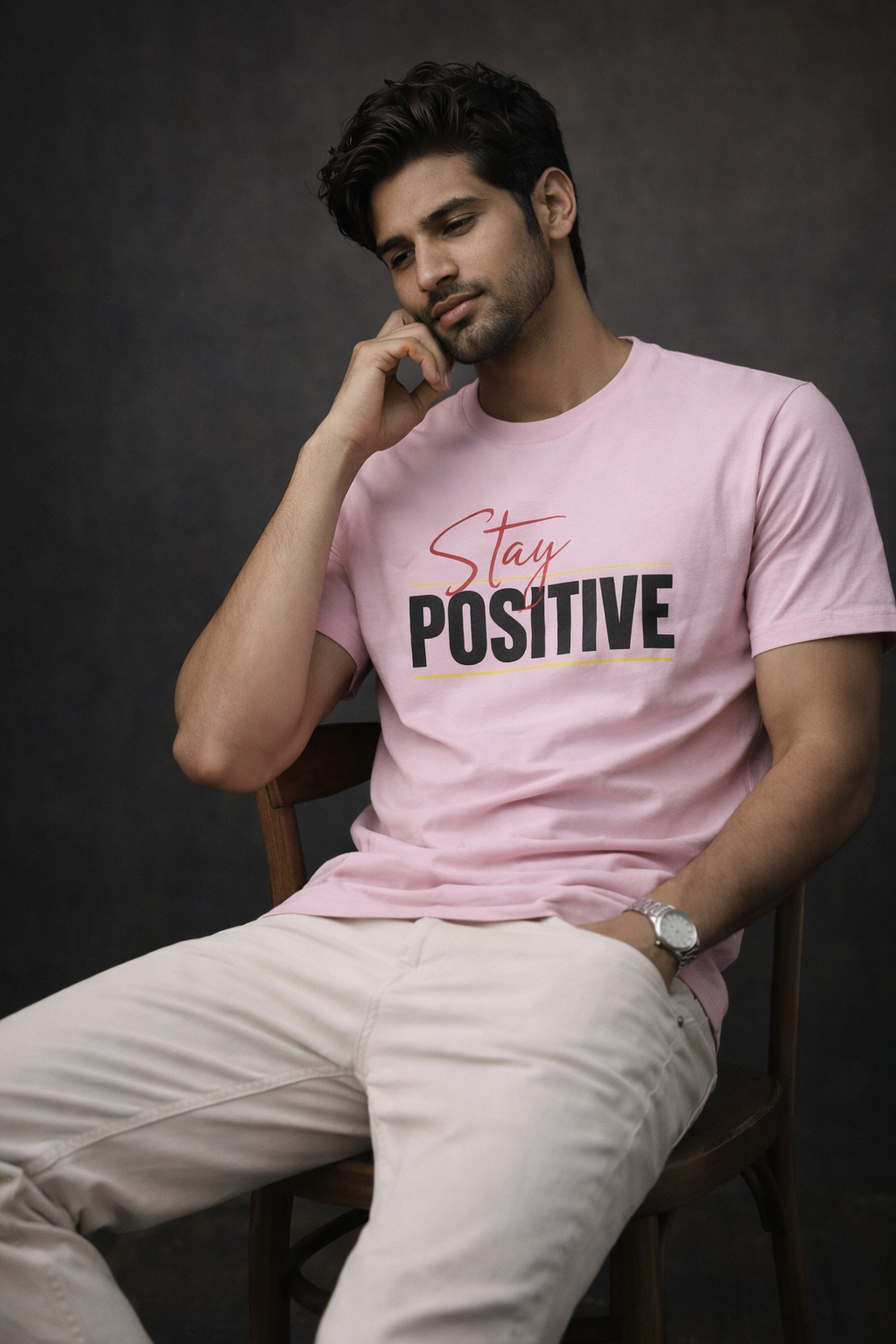 Men’s Pink “Stay Positive” Graphic Printed Cotton T-Shirt