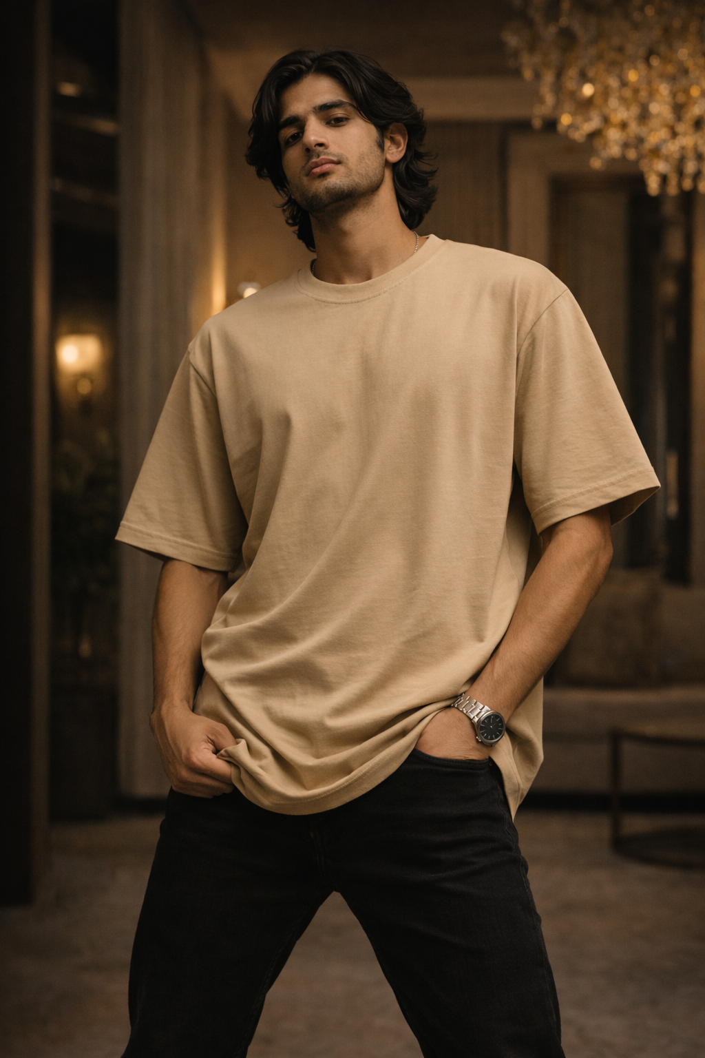 Men’s Beige Samurai Back Graphic Oversized Cotton T-Shirt