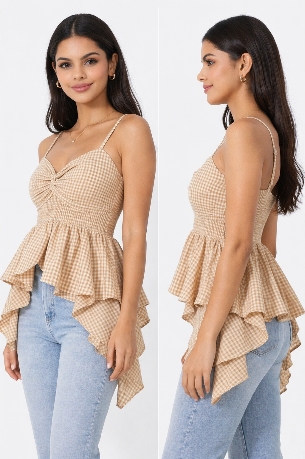 Women Beige Gingham Knot Strap Peplum Top