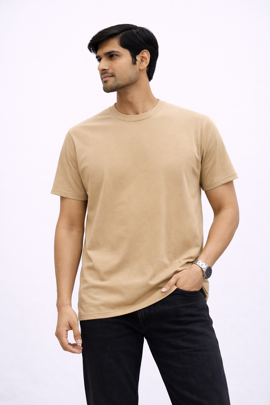 Angel Statue Graphic T-Shirt – Inspirational Back Print (Beige/Tan)