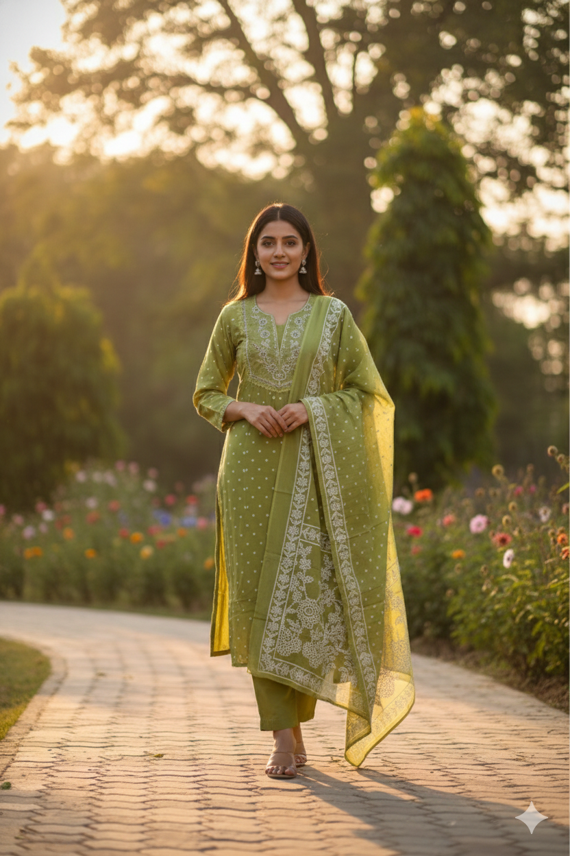 Olive Green Embroidered Kurta Set with Soft Dupatta