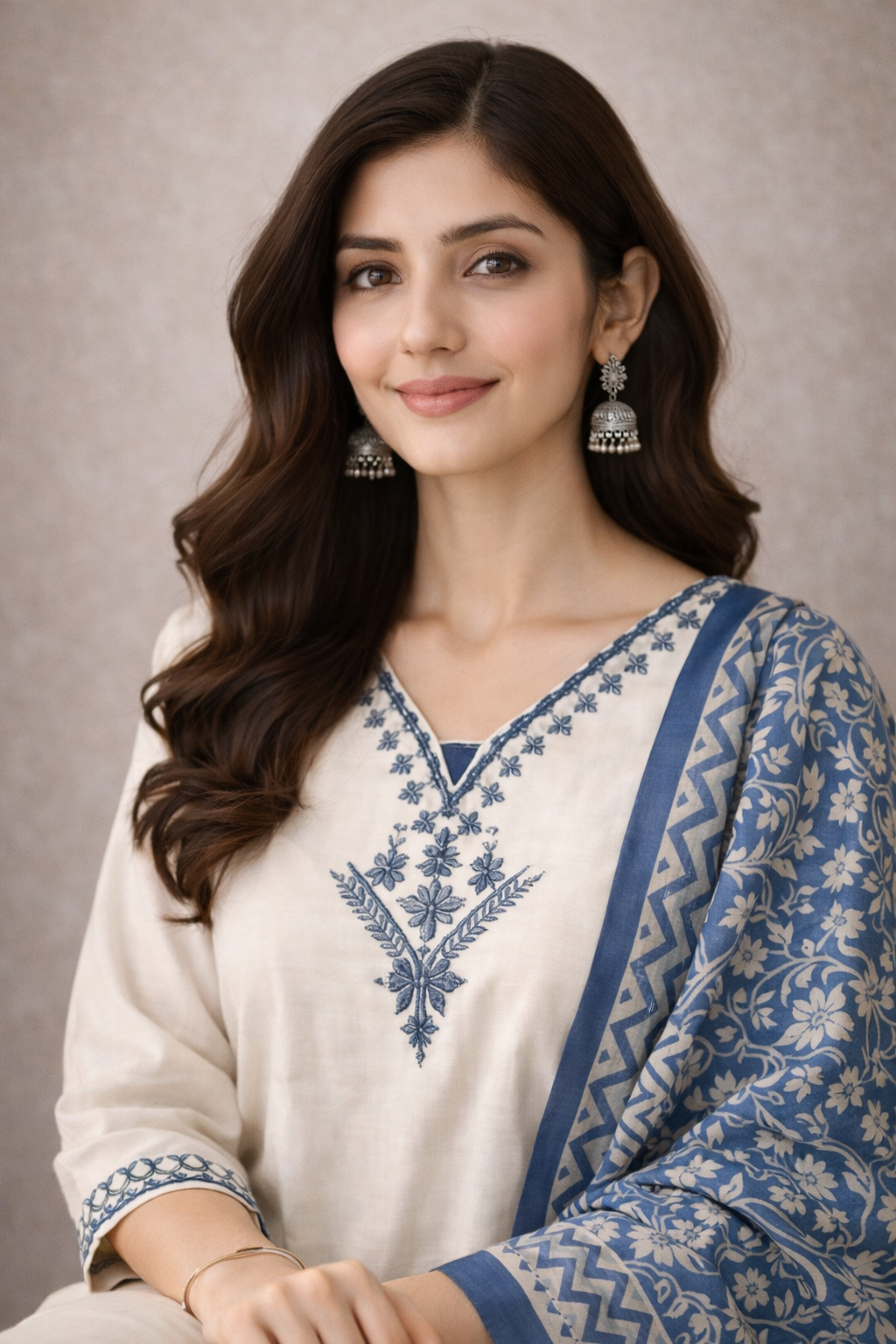 Ivory Blue Hand-Embroidered Kurta Set with Printed Dupatta