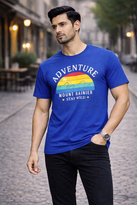 Adventure Stay Wild – Mount Rainier Graphic Printed T-Shirt (Royal Blue)