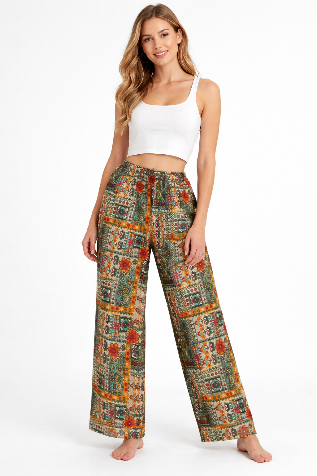 Women’s Multicolour Printed Straight-Fit Trousers (Olive green)