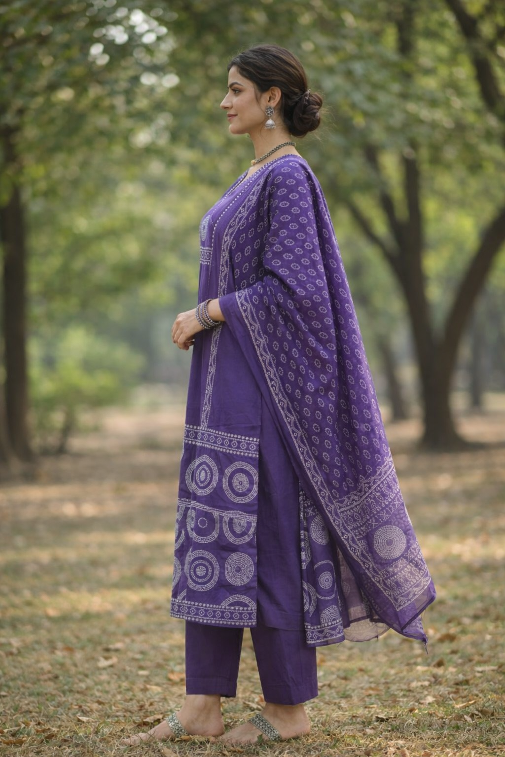 Royal Purple Printed Kurta Set with Ethnic Dupatta