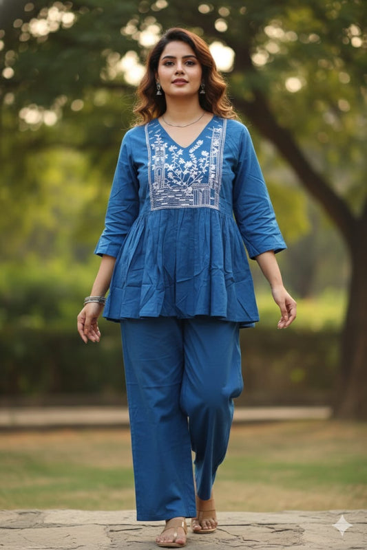 Indigo Bloom Embroidered Cotton Co-ord Set