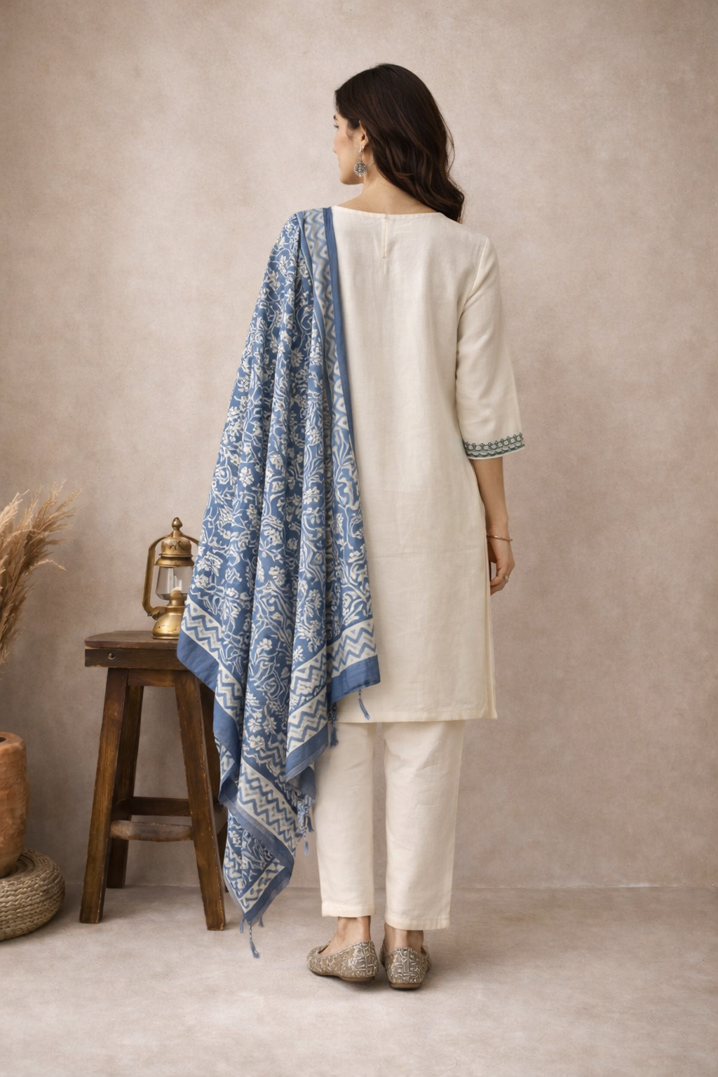 Ivory Blue Hand-Embroidered Kurta Set with Printed Dupatta