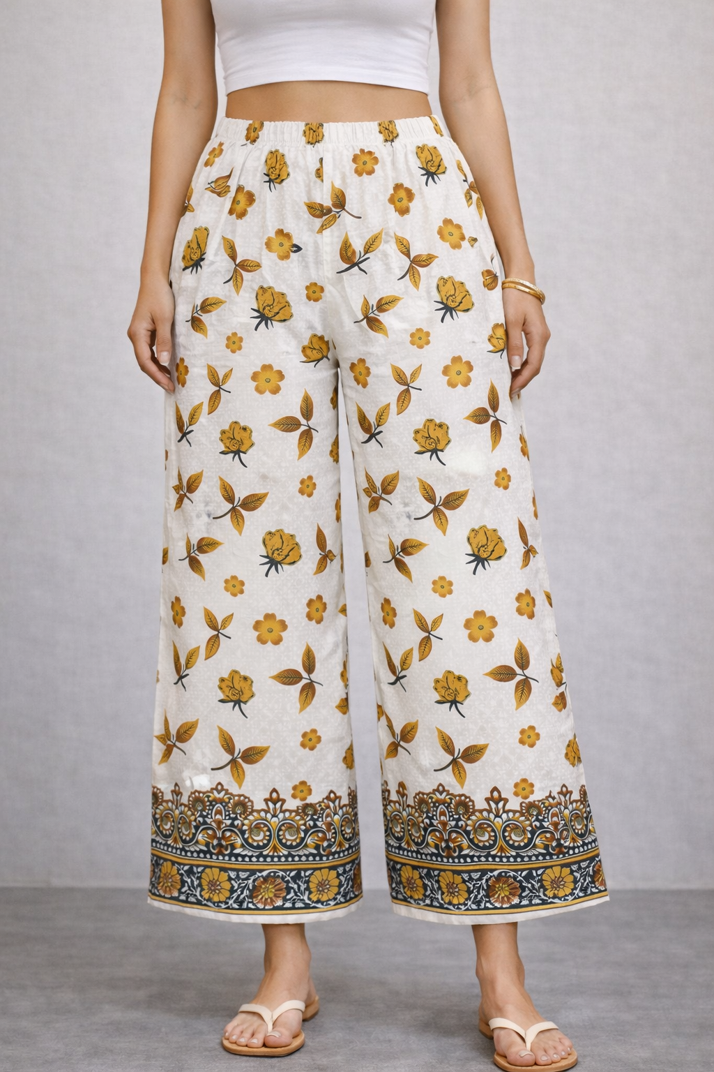 Women’s Yellow Floral Printed Straight-Fit Casual Trousers
